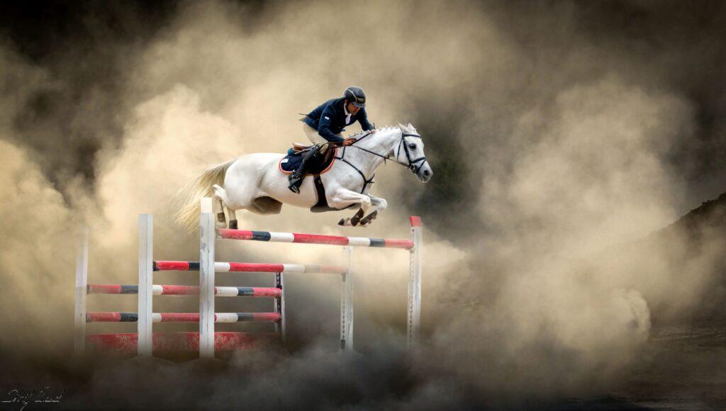 A confident rider and jumping horse